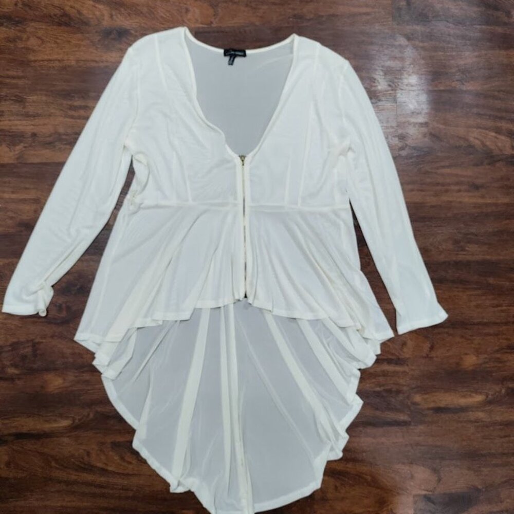 Love University Women's White Sheer Zipper Front High Low Long Sleeve Blouse 3XL - Picture 2 of 9